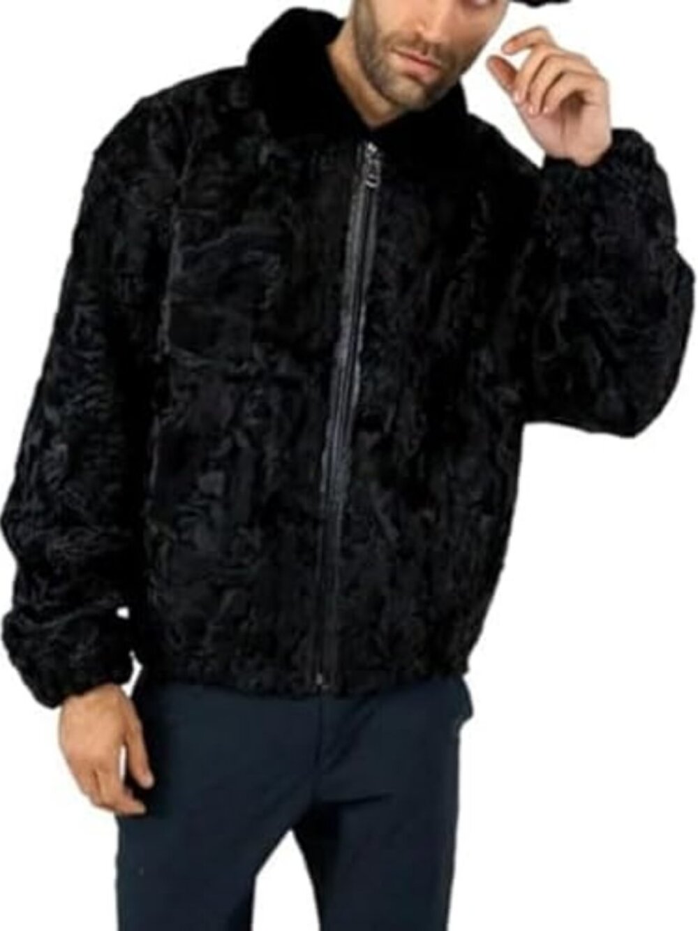 Men's Sheepskin Black Karakul Persian Jacket Pure Real Fur Collar Zipper Coat